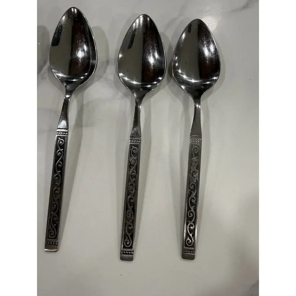 VINTAGE Oneida Spanish Court Soup Spoons Lot 6 Stainless Black Scroll Flatware